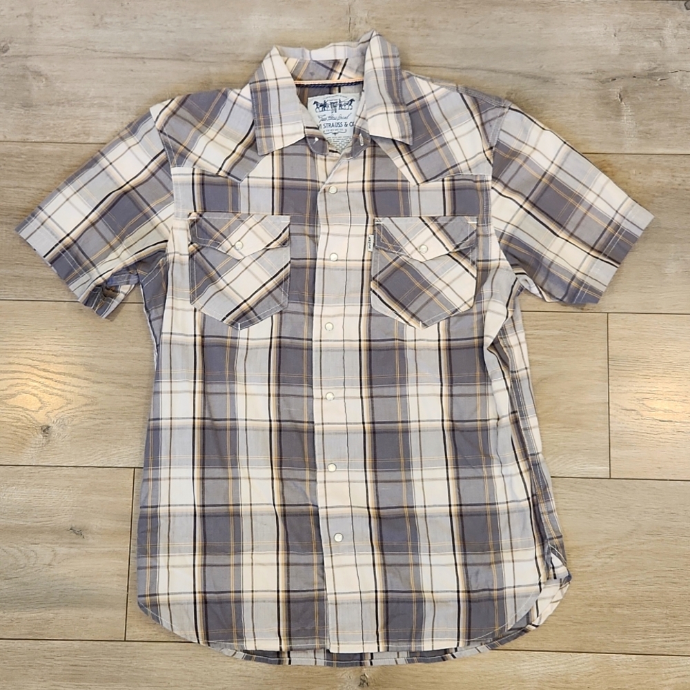 Levi Straus Plaid Short Sleeve Pearl Snap Button Western Work Shirt Men's Small
